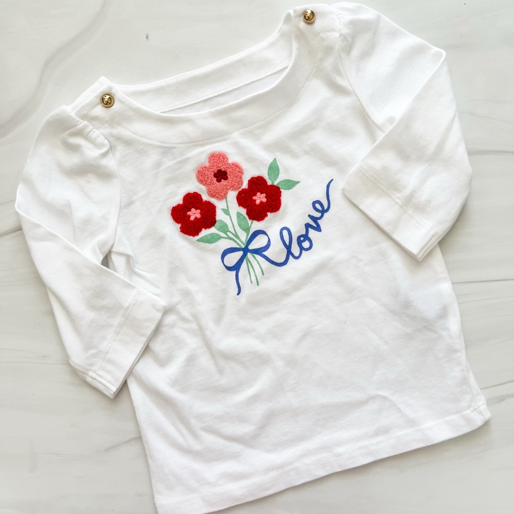 NWT! Janie and Jack White and Red Long Sleeve Tee with Floral Embroidery